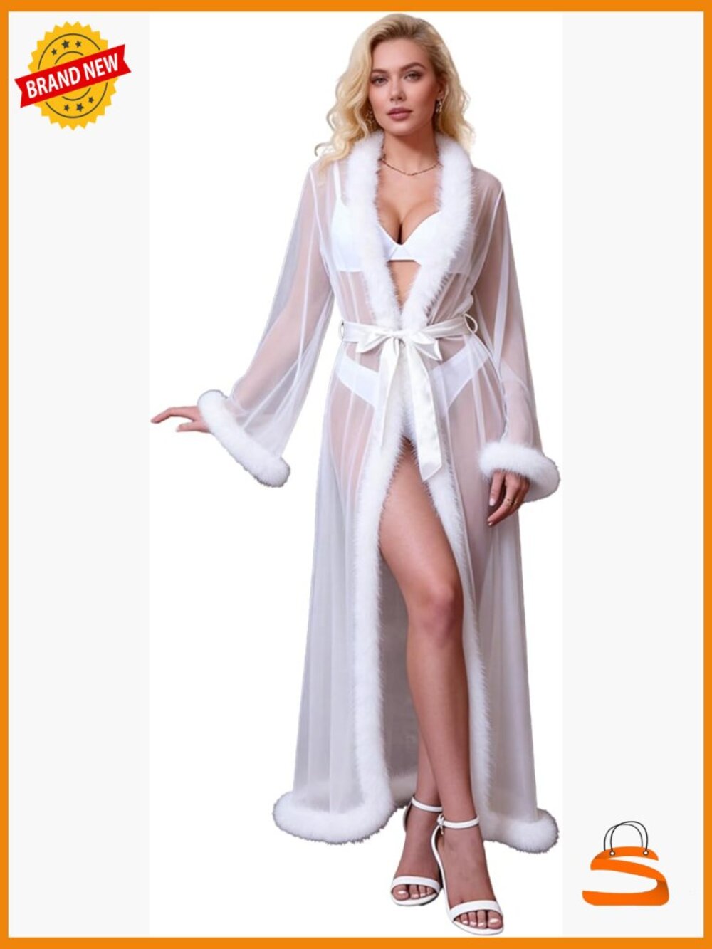 Plus Size Sheer Mesh Fur Robe Long Kimono Lingerie Bridal Wedding Nightgown